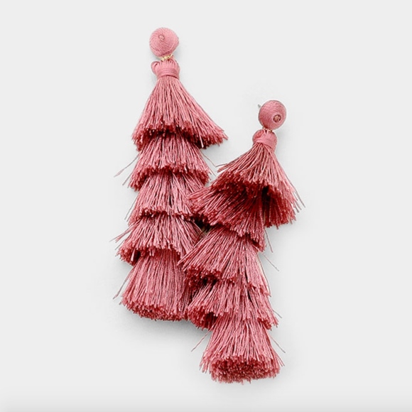 Ornamental Stone Jewelry - Naya Dusty Rose Tiered Tassel Statement Earrings